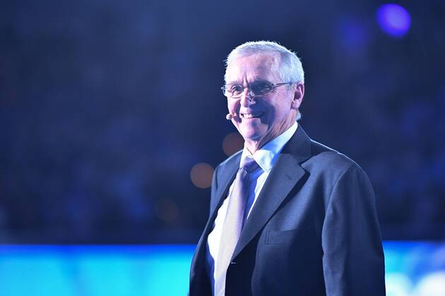 January 11, 2017: Tennis legend Roy Emerson enters the stadium during a free charity event A Night with Novak to raise money for his Novak Djokovic Foundation at Margaret Court Arena in Melbourne, Australia. Cal Media Tennis 2017: A Night with Novak event - ZUMAc04_ 20170111_zaf_c04_044