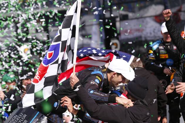 January 29, 2017 - Daytona Beach, Florida, United States of America - January 29, 2017 - Daytona Beach, Florida, USA: Ricky Taylor climbs out of his Wayne Taylor Racing Konica Minolta Business Solutions USA Cadillac DPI car after winning the Rolex 24 At Daytona at Daytona International Speedway in Daytona Beach, Florida. IMSA 2017: IMSA WeatherTech SportsCar Championship Rolex 24 At Daytona January 29 - ZUMAa161 20170129_zaa_a161_090 Copyright: xJustinxR.xNoexAspxIncx