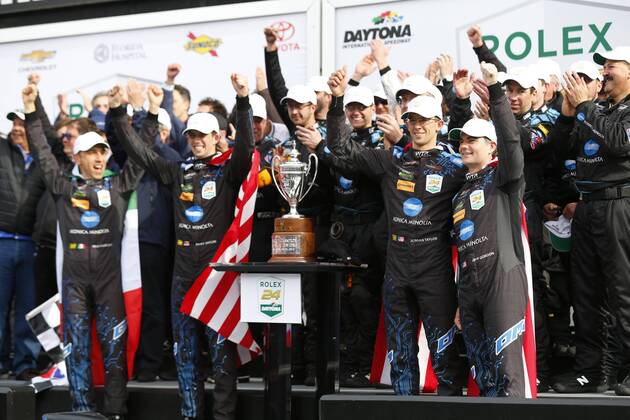 January 29, 2017 - Daytona Beach, Florida, United States of America - January 29, 2017 - Daytona Beach, Florida, USA: Jeff Gordon poses for pictures in Victory Lane with his teammates after winning the Rolex 24 At Daytona at Daytona International Speedway in Daytona Beach, Florida. IMSA 2017: IMSA WeatherTech SportsCar Championship Rolex 24 At Daytona January 29 - ZUMAa161 20170129_zaa_a161_097 Copyright: xJustinxR.xNoexAspxIncx