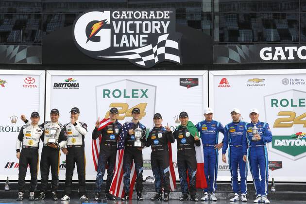January 29, 2017 - Daytona Beach, Florida, United States of America - January 29, 2017 - Daytona Beach, Florida, USA: The Champions of the Rolex 24 At Daytona celebrate in victory lane at Daytona International Speedway in Daytona Beach, Florida. IMSA 2017: IMSA WeatherTech SportsCar Championship Rolex 24 At Daytona January 29 - ZUMAa161 20170129_zaa_a161_077 Copyright: xChrisxOwensxAspxIncx