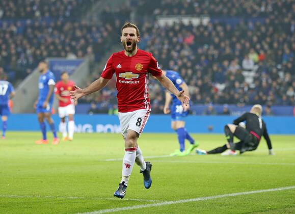 Manchester United ManU s Juan Mata celebrates scoring his sides third goal during the Premier League match at the King Power Stadium, Leicester. Picture date February 5th, 2017 Pic David Klein Sportimage EDITORIAL USE ONLY. No use with unauthorised audio, video, data, fixture lists, club league logos or live services. Online in-match use limited to 120 images, no video emulation. No use in betting, games or single club league player publications.