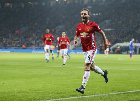 Manchester United ManU s Juan Mata celebrates scoring his sides third goal during the Premier League match at the King Power Stadium, Leicester. Picture date February 5th, 2017 Pic David Klein Sportimage EDITORIAL USE ONLY. No use with unauthorised audio, video, data, fixture lists, club league logos or live services. Online in-match use limited to 120 images, no video emulation. No use in betting, games or single club league player publications.
