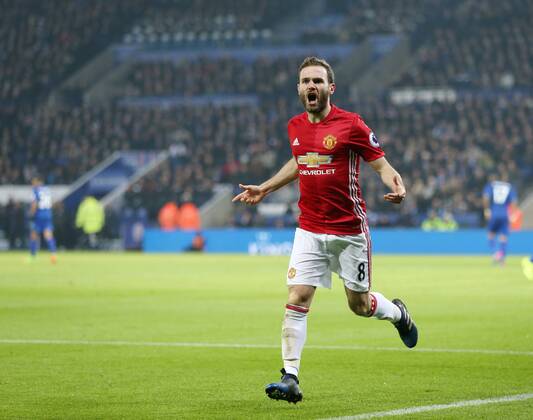Manchester United ManU s Juan Mata celebrates scoring his sides third goal during the Premier League match at the King Power Stadium, Leicester. Picture date February 5th, 2017 Pic David Klein Sportimage EDITORIAL USE ONLY. No use with unauthorised audio, video, data, fixture lists, club league logos or live services. Online in-match use limited to 120 images, no video emulation. No use in betting, games or single club league player publications.