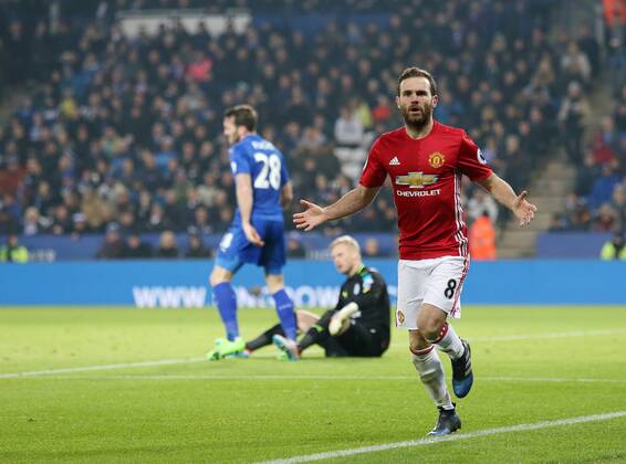 Manchester United ManU s Juan Mata celebrates scoring his sides third goal during the Premier League match at the King Power Stadium, Leicester. Picture date February 5th, 2017 Pic David Klein Sportimage EDITORIAL USE ONLY. No use with unauthorised audio, video, data, fixture lists, club league logos or live services. Online in-match use limited to 120 images, no video emulation. No use in betting, games or single club league player publications.