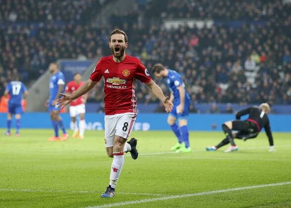 Manchester United ManU s Juan Mata celebrates scoring his sides third goal during the Premier League match at the King Power Stadium, Leicester. Picture date February 5th, 2017 Pic David Klein Sportimage EDITORIAL USE ONLY. No use with unauthorised audio, video, data, fixture lists, club league logos or live services. Online in-match use limited to 120 images, no video emulation. No use in betting, games or single club league player publications.