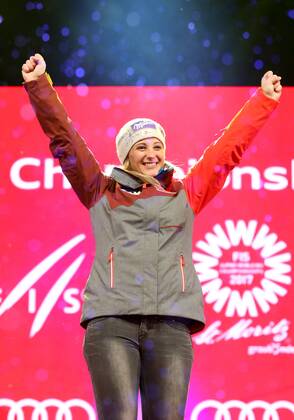 ALPINE SKIING - FIS Ski WC St. Moritz SANKT MORITZ,SWITZERLAND,10.FEB.17 - ALPINE SKIING - FIS Alpine World Ski Championships, alpine combined, ladies, award ceremony. Image shows the rejoicing of Michaela Kirchgasser (AUT). GEPAxpictures xChristianxWalgram