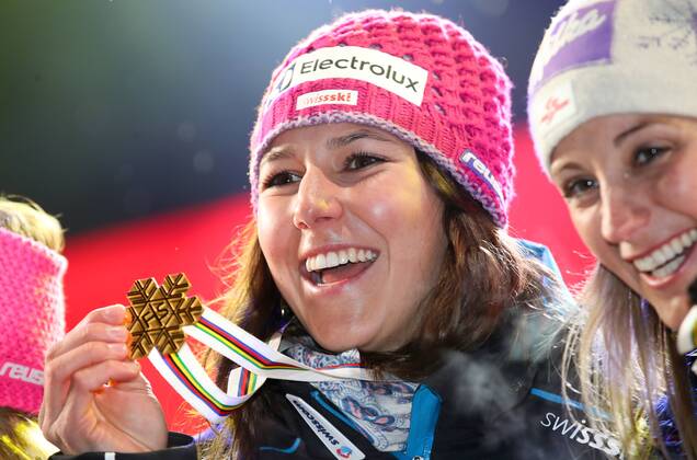 ALPINE SKIING - FIS Ski WC St. Moritz SANKT MORITZ,SWITZERLAND,10.FEB.17 - ALPINE SKIING - FIS Alpine World Ski Championships, alpine combined, ladies, award ceremony. Image shows Wendy Holdener (SUI) and Michaela Kirchgasser (AUT). GEPAxpictures xChristianxWalgram