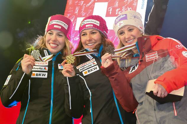 ALPINE SKIING - FIS Ski WC St. Moritz SANKT MORITZ,SWITZERLAND,10.FEB.17 - ALPINE SKIING - FIS Alpine World Ski Championships, alpine combined, award ceremony. Image shows Michelle Gisin, Wendy Holdener (SUI) and Michaela Kirchgasser (AUT). Keywords: medal. GEPAxpictures xChristianxWalgram