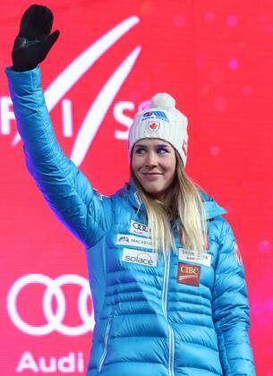 ALPINE SKIING - FIS Ski WC St. Moritz SANKT MORITZ,SWITZERLAND,10.FEB.17 - ALPINE SKIING - FIS Alpine World Ski Championships, alpine combined, award ceremony. Image shows the rejoicing of Marie-Michele Gagnon (CAN). GEPAxpictures xChristianxWalgram