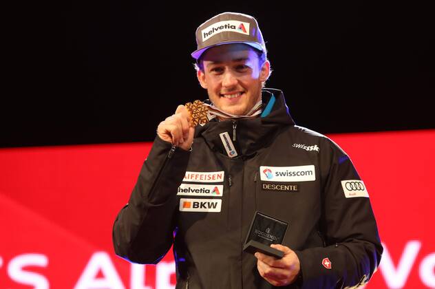 ALPINE SKIING - FIS Ski WC St. Moritz SANKT MORITZ,SWITZERLAND,13.FEB.17 - ALPINE SKIING - FIS Alpine World Ski Championships, alpine combined, men, award ceremony. Image shows Luca Aerni (SUI). Keywords: medal. GEPAxpictures xMarioxKneisl