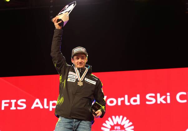 ALPINE SKIING - FIS Ski WC St. Moritz SANKT MORITZ,SWITZERLAND,13.FEB.17 - ALPINE SKIING - FIS Alpine World Ski Championships, alpine combined, men, award ceremony. Image shows Luca Aerni (SUI). Keywords: medal, trophy. GEPAxpictures xMarioxKneisl