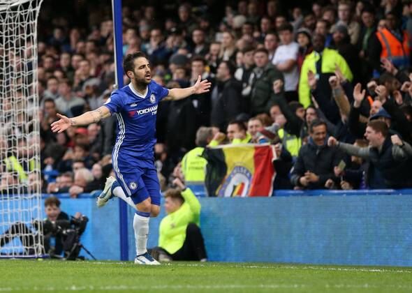 Chelsea s Cesc Fabregas celebrates scoring his sides opening goal during the Premier League match at the Stamford Bridge Stadium, London. Picture date February 25th, 2017 Pic David Klein Sportimage EDITORIAL USE ONLY. No use with unauthorised audio, video, data, fixture lists, club league logos or live services. Online in-match use limited to 120 images, no video emulation. No use in betting, games or single club league player publications.