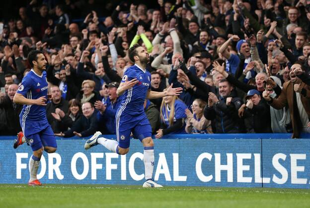 Chelsea s Cesc Fabregas celebrates scoring his sides opening goal during the Premier League match at the Stamford Bridge Stadium, London. Picture date February 25th, 2017 Pic David Klein Sportimage EDITORIAL USE ONLY. No use with unauthorised audio, video, data, fixture lists, club league logos or live services. Online in-match use limited to 120 images, no video emulation. No use in betting, games or single club league player publications.
