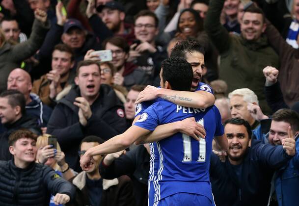Chelsea s Cesc Fabregas celebrates scoring his sides opening goal during the Premier League match at the Stamford Bridge Stadium, London. Picture date February 25th, 2017 Pic David Klein Sportimage EDITORIAL USE ONLY. No use with unauthorised audio, video, data, fixture lists, club league logos or live services. Online in-match use limited to 120 images, no video emulation. No use in betting, games or single club league player publications.