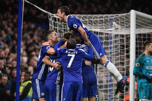 Diego Costa of Chelsea celebrates scoring third goal during the Premier League match between Chelsea and Swansea City at Stamford Bridge, London, England on 25 February 2017. Copyright: xGiuseppexMaffiax 14320096