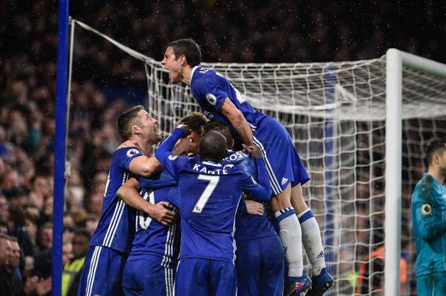 Diego Costa of Chelsea celebrates scoring third goal during the Premier League match between Chelsea and Swansea City at Stamford Bridge, London, England on 25 February 2017. Copyright: xGiuseppexMaffiax 14320097