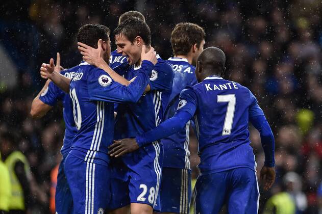 Diego Costa of Chelsea celebrates scoring third goal during the Premier League match between Chelsea and Swansea City at Stamford Bridge, London, England on 25 February 2017. Copyright: xGiuseppexMaffiax 14320098