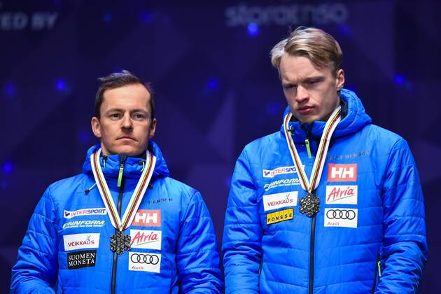 170226 Sami Jauhojärvi och Iivo Niskanen, Finland, Bronze - Langlauf teamsprint Siegerehrung - Nordische SKI WM den 26 februari 2017 in Lahti.  Copyright: CARLxSANDIN BB170226CS124