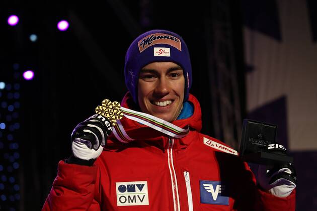 NORDIC SKIING - FIS WC Lahti 2017 LAHTI,FINLAND,26.FEB.17 - NORDIC SKIING, Ski jumping Skispringen Ski nordisch - FIS Nordic World Ski Championships, normal hill, men, award ceremony. Image shows Stefan Kraft (AUT). Keywords: medal. GEPAxpictures xCh.xKelemen