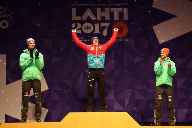 NORDIC SKIING - FIS WC Lahti 2017 LAHTI,FINLAND,26.FEB.17 - NORDIC SKIING, Ski jumping Skispringen Ski nordisch - FIS Nordic World Ski Championships, normal hill, men, award ceremony. Image shows Andreas Wellinger (GER), Stefan Kraft (AUT) and Markus Eisenbichler (GER). GEPAxpictures xCh.xKelemen
