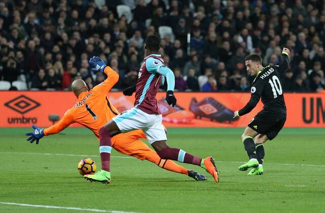 Chelsea s Eden Hazard scoring his sides opening goal during the Premier League match at the London Stadium, London. Picture date March 6th, 2017 Pic David Klein Sportimage EDITORIAL USE ONLY. No use with unauthorised audio, video, data, fixture lists, club league logos or live services. Online in-match use limited to 120 images, no video emulation. No use in betting, games or single club league player publications.