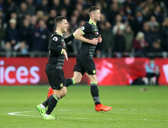 Chelsea s Eden Hazard celebrates scoring his sides opening goal during the Premier League match at the London Stadium, London. Picture date March 6th, 2017 Pic David Klein Sportimage EDITORIAL USE ONLY. No use with unauthorised audio, video, data, fixture lists, club league logos or live services. Online in-match use limited to 120 images, no video emulation. No use in betting, games or single club league player publications.
