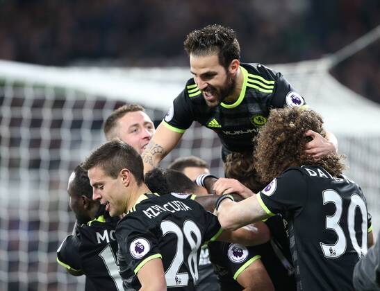 Chelsea s Diego Costa celebrates scoring his sides second goal with Cesc Fabregas during the Premier League match at the London Stadium, London. Picture date March 6th, 2017 Pic David Klein Sportimage EDITORIAL USE ONLY. No use with unauthorised audio, video, data, fixture lists, club league logos or live services. Online in-match use limited to 120 images, no video emulation. No use in betting, games or single club league player publications.