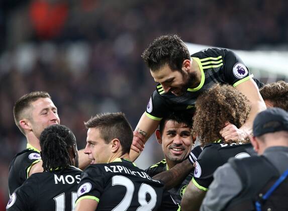 Chelsea s Diego Costa celebrates scoring his sides second goal during the Premier League match at the London Stadium, London. Picture date March 6th, 2017 Pic David Klein Sportimage EDITORIAL USE ONLY. No use with unauthorised audio, video, data, fixture lists, club league logos or live services. Online in-match use limited to 120 images, no video emulation. No use in betting, games or single club league player publications.
