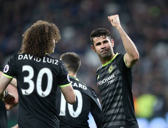 Chelsea s Diego Costa celebrates scoring his sides second goal during the Premier League match at the London Stadium, London. Picture date March 6th, 2017 Pic David Klein Sportimage EDITORIAL USE ONLY. No use with unauthorised audio, video, data, fixture lists, club league logos or live services. Online in-match use limited to 120 images, no video emulation. No use in betting, games or single club league player publications.