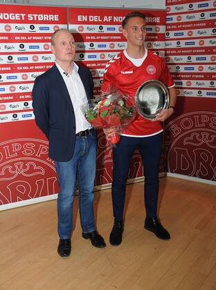 Brondby Copenhagen Denmark - Trainer U21 U 21 team Niels Frederiksen with Talent pize winner Marcus Ingvartsen football player with FCN Denmark. 08.March 2017 - 