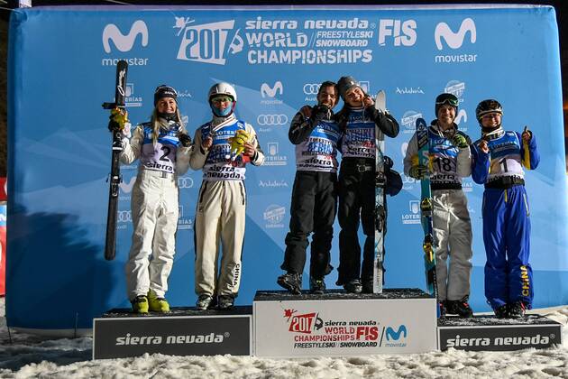 SNOWBOARD, FREESTYLE SKIING - FIS WC 2017 SIERRA NEVADA,SPAIN,10.MAR.17 - SNOWBOARD, FREESTYLE SKIING - FIS Freestyle Ski and Snowboard World Championships, free ski aerials, men ladies final, award ceremony. Image shows Danielle Scott (AUS), Guangpu Qi (CHN), Jonathon Lillis, Ashley Caldwell (USA), David Morris (AUS) and Mangtao XU (CHN). GEPAxpictures xOliverxLerch