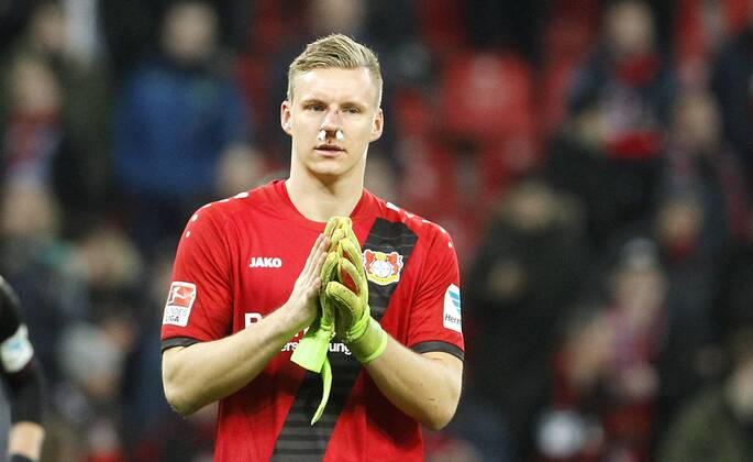 Leverkusen, Bayarena, 10.03.17: Torwart Bernd Leno (Bayer 04 Leverkusen) mit einer Verletzung an der Nase enttäuscht im Spiel der 1. Bundesliga zwischen Bayer 04 Leverkusen vs. Werder Bremen in der Saison 2016 2017.