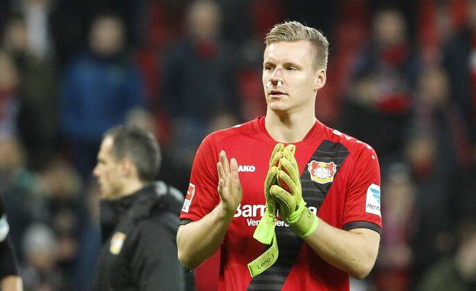 Leverkusen, Bayarena, 10.03.17: Torwart Bernd Leno (Bayer 04 Leverkusen) mit einer Verletzung an der Nase enttäuscht im Spiel der 1. Bundesliga zwischen Bayer 04 Leverkusen vs. Werder Bremen in der Saison 2016 2017.