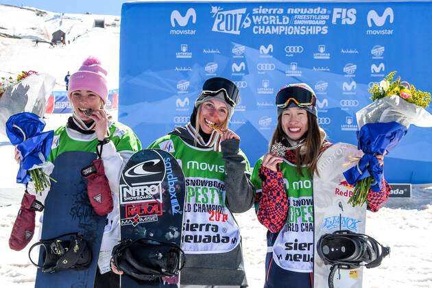 SNOWBOARD, FREESTYLE SKIING - FIS WC 2017 SIERRA NEVADA,SPAIN,11.MAR.17 - SNOWBOARDING - FIS Freestyle Ski and Snowboard World Championships, snowboard slopestyle, finals, men ladies, award ceremony. Image shows Zoi Sadowski Synnott (NZL), Laurie Blouin (CAN) and Miyabi Onitsuka (JPN). Keywords: medal. GEPAxpictures xOliverxLerch