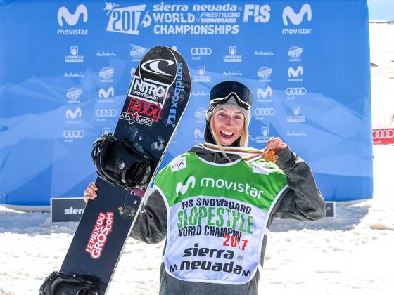 SNOWBOARD, FREESTYLE SKIING - FIS WC 2017 SIERRA NEVADA,SPAIN,11.MAR.17 - SNOWBOARDING - FIS Freestyle Ski and Snowboard World Championships, snowboard slopestyle, finals, men ladies, award ceremony. Image shows Laurie Blouin (CAN). Keywords: medal. GEPAxpictures xOliverxLerch