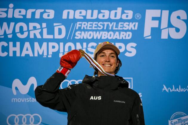 SNOWBOARD, FREESTYLE SKIING - FIS WC 2017 SIERRA NEVADA,SPAIN,11.MAR.17 - SNOWBOARDING - FIS Freestyle Ski and Snowboard World Championships, snowboard halfpipe, finals, men, award ceremony. Image shows Scotty James (AUS) with his gold medal. GEPAxpictures xOliverxLerch