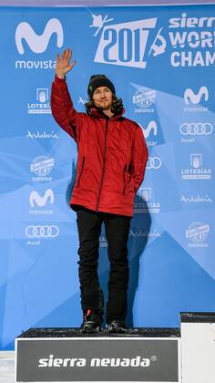 SNOWBOARD, FREESTYLE SKIING - FIS WC 2017 SIERRA NEVADA,SPAIN,11.MAR.17 - SNOWBOARDING - FIS Freestyle Ski and Snowboard World Championships, snowboard halfpipe, finals, men, award ceremony. Image shows the rejoicing of Iouri Podlatchikov (SUI). GEPAxpictures xOliverxLerch