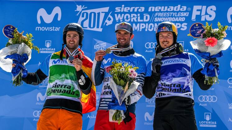 SNOWBOARD, FREESTYLE SKIING - FIS WC 2017 SIERRA NEVADA,SPAIN,12.MAR.17 - SNOWBOARDING - FIS Freestyle Ski and Snowboard World Championships, SBX, Snowboard Cross, final, ladies men, award ceremony. Image shows Lucas Eguibar (ESP), Pierre Vaultier (FRA) and Alex Pullin (AUS). Keywords: medal. GEPAxpictures xOliverxLerch