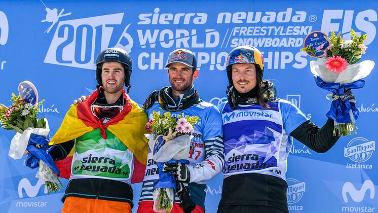 SNOWBOARD, FREESTYLE SKIING - FIS WC 2017 SIERRA NEVADA,SPAIN,12.MAR.17 - SNOWBOARDING - FIS Freestyle Ski and Snowboard World Championships, SBX, Snowboard Cross, final, ladies menaward ceremony. Image shows Lucas Eguibar (ESP), Pierre Vaultier (FRA) and Alex Pullin (AUS). GEPAxpictures xOliverxLerch