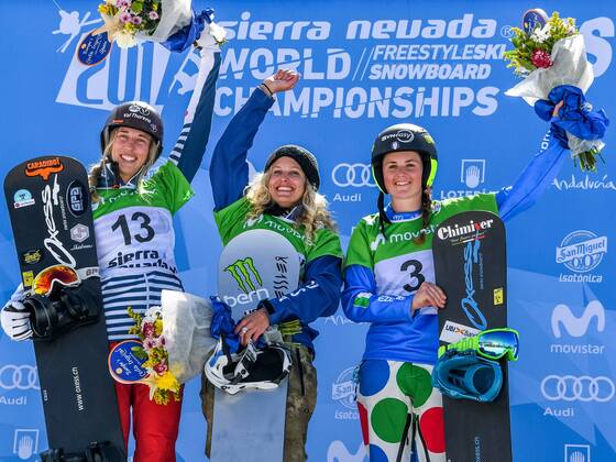 SNOWBOARD, FREESTYLE SKIING - FIS WC 2017 SIERRA NEVADA,SPAIN,12.MAR.17 - SNOWBOARDING - FIS Freestyle Ski and Snowboard World Championships, SBX, Snowboard Cross, final, ladies men, award ceremony. Image shows Chloe Trespeuch (FRA), Lindsey Jacobellis (USA) and Michela Moioli (ITA). GEPAxpictures xOliverxLerch