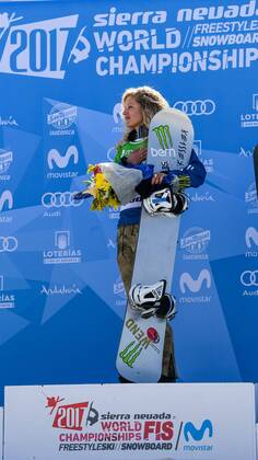SNOWBOARD, FREESTYLE SKIING - FIS WC 2017 SIERRA NEVADA,SPAIN,12.MAR.17 - SNOWBOARDING - FIS Freestyle Ski and Snowboard World Championships, SBX, Snowboard Cross, final, ladies men, award ceremony. Image shows Lindsey Jacobellis (USA). GEPAxpictures xOliverxLerch