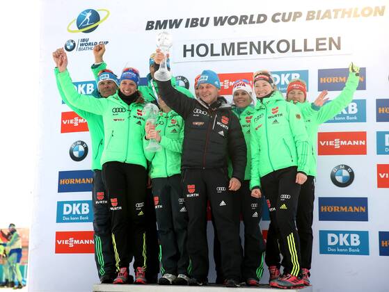 BIATHLON - IBU WC Final Oslo OSLO,NORWAY,17.MAR.17 - BIATHLON - IBU World Cup Final, award ceremony for the Nations World Cup and Relay World Cup, ladies. Image shows the rejoicing of team GER. GEPAxpictures xPhilippxBrem
