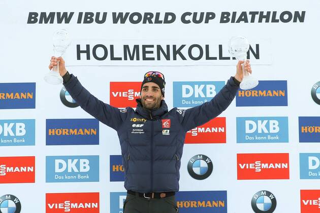 BIATHLON - IBU WC Final Oslo OSLO,NORWAY,17.MAR.17 - BIATHLON - IBU World Cup Final, 10km sprint, men, award ceremony. Image shows the rejoicing of Martin Fourcade (FRA). GEPAxpictures xPhilippxBrem