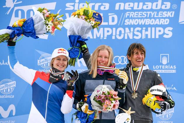 FREESTYLE SKIING - FIS WC 2017 SIERRA NEVADA,SPAIN,18.MAR.17 - FREESTYLE SKIING - FIS Freestyle Ski and Snowboard World Championships, Ski Cross, ladies men, award ceremony. Image shows the podium of the ladies: Fanny Smith (SUI), Sandra Naeslund (SWE) and Ophelie David (FRA). Keywords: Stoeckli, medal. GEPAxpictures xOliverxLerch