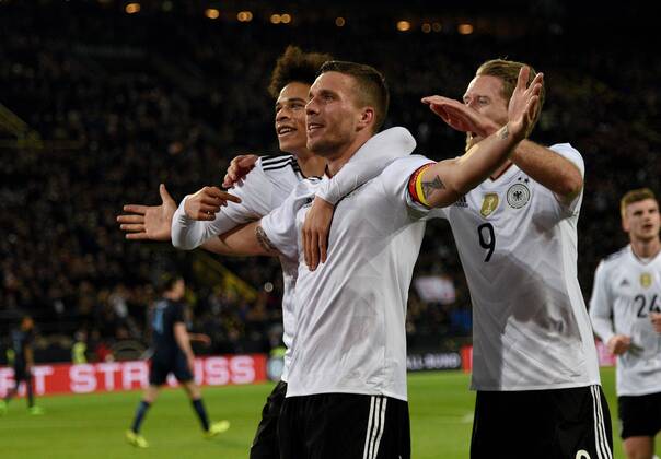 22.03.2017, xfux, Fussball Freundschaftsspiel, Deutschland - England, emspor, v.l. Leroy Sane (Deutsche Fussball Nationalmannschaft DFB), Lukas Podolski (Deutsche Fussball Nationalmannschaft DFB), Andre Schuerrle (Deutsche Fussball Nationalmannschaft DFB) Torjubel, Goal celebration, celebrate the goal zum 1:0 Dortmund