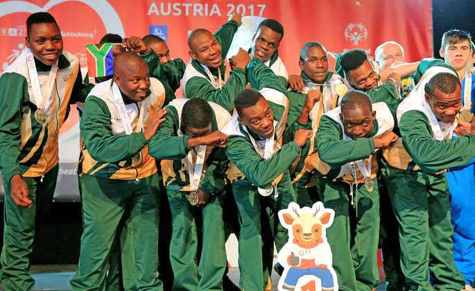 SPECIAL OLYMPICS - SOWWG 2017 GRAZ,AUSTRIA,24.MAR.17 - SPECIAL OLYMPICS, FLOOR HOCKEY - World Winter games Winterspiele Spiele Summer games award ceremony. Image shows a Special Olympics athlete from South Africa. GEPAxpictures xMarioxBuehner