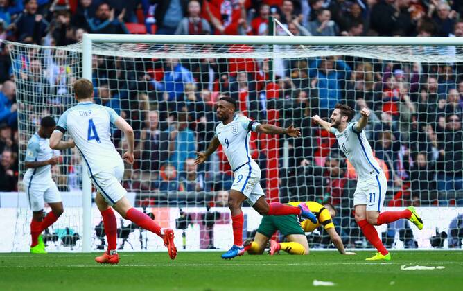 Jermain Defoe (E) celebrates scoring the first England goal (1-0) during the England v Lithuania World Cup Qualifier played at Wembley Stadium, on March 26, 2017.