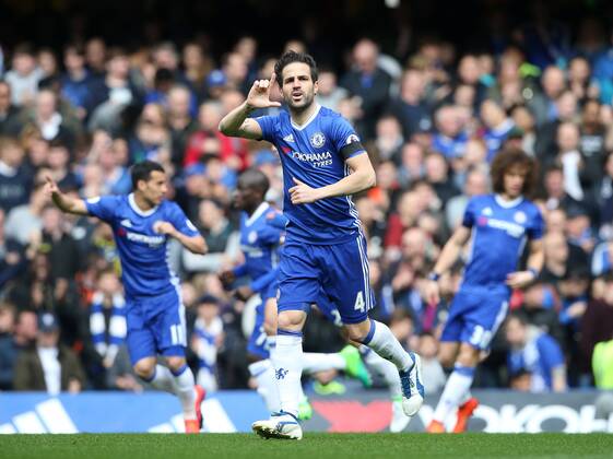 Chelsea s Cesc Fabregas celebrates scoring his sides opening goal during the Premier League match at the Stamford Bridge Stadium, London. Picture date: April 1st, 2017. Pic credit should read: David Klein Sportimage via PA Images EDITORIAL USE ONLY. No use with unauthorised audio, video, data, fixture lists, club league logos or live services. Online in-match use limited to 120 images, no video emulation. No use in betting, games or single club league player publications.