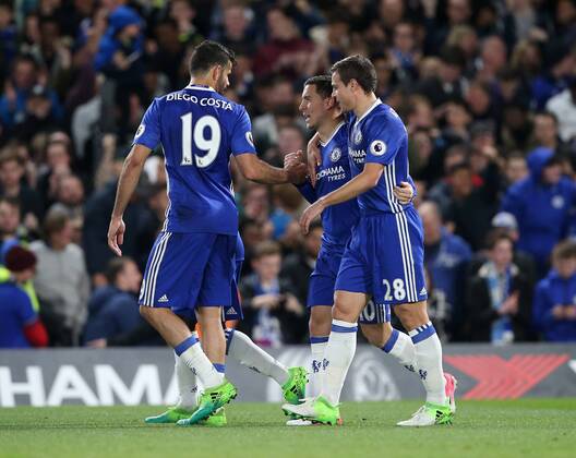 Chelsea s Eden Hazard celebrates scoring his sides second goal during the Premier League match at the Stamford Bridge Stadium, London. Picture date: April 5th, 2017. Pic credit should read: David Klein Sportimage EDITORIAL USE ONLY. No use with unauthorised audio, video, data, fixture lists, club league logos or live services. Online in-match use limited to 120 images, no video emulation. No use in betting, games or single club league player publications.