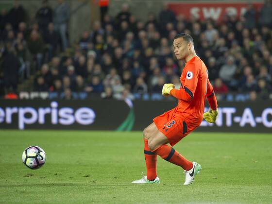 Football - 2016 2017 Premier League - Swansea City vs. Tottenham Hotspur Michel Vorm of Tottenham Hotspurs passes the ball , at The Liberty Stadium. COLORSPORT WINSTON BYNORTH